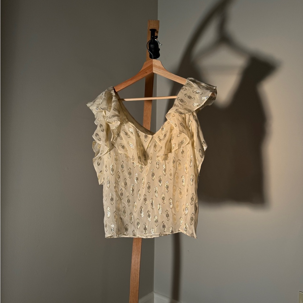 Loveshackfancy blouse silk blend ivory and gold metallic ruffle sleeves